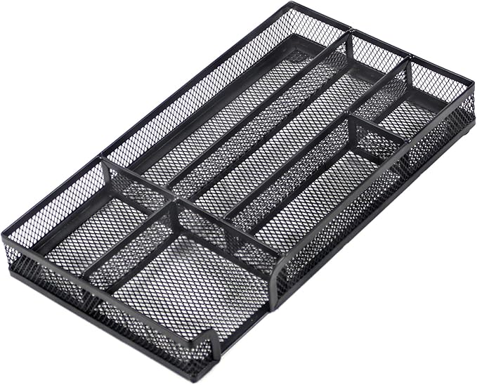 Desk Drawer Organizer Tray, Small Metal Mesh Desk Organizer Tray with 6 Compartments, Office Pencil Drawer Organizer Accessories for Stationery, Desktop, Bathroom, Kitchen, Makeup, Vanity, School-NeatNest