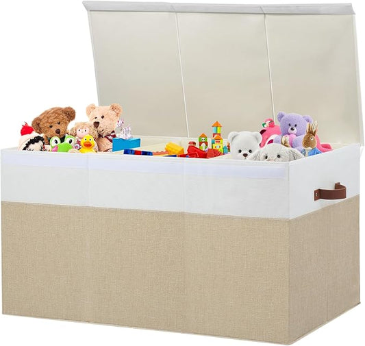 Extra Large Toy Storage Box with Lid, Sturdy Toys Storage Chest Bin Organizer Basket with Dividers for Kids, Boys, Girls, Nursery, Closet, Bedroom, Playroom 35.5"x17" x17" (Beige and White)-NeatNest