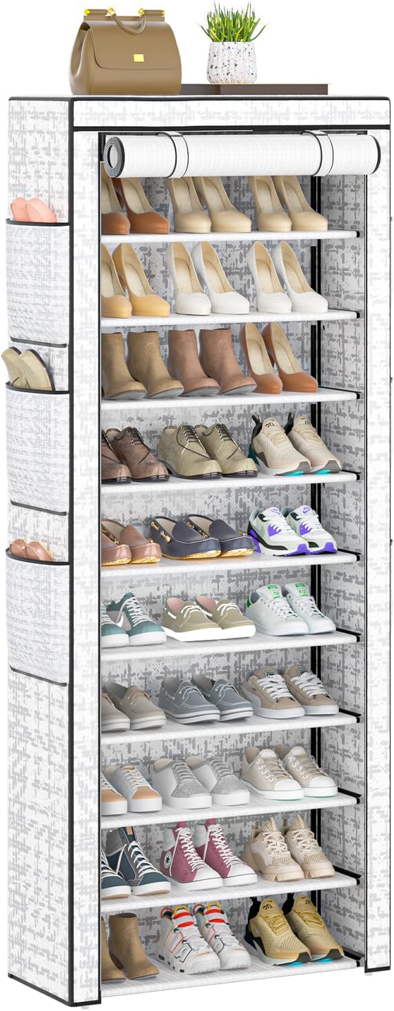 Shoes Rack 10 Tier Tall Shoe Rack with Storage Pockets, Fabric Covered Shoe Racks,Metal Shoes Rack Organizer for Closets,Bedroom, Garage-NeatNest