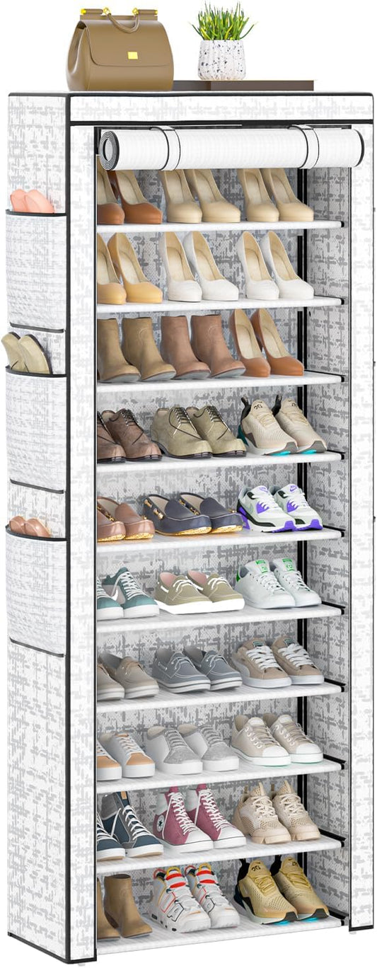 Shoes Rack 10 Tier Tall Shoe Rack with Storage Pockets, Fabric Covered Shoe Racks,Metal Shoes Rack Organizer for Closets,Bedroom, Garage-NeatNest