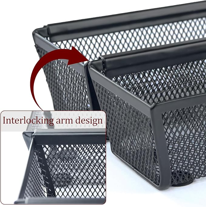 2PCS Drawer Organizer, Mesh Drawer Organizer with Interlocking Arm for Utensil, Cosmetic, Flatware, Pen (9 * 3 * 2 Inches, Black)-NeatNest