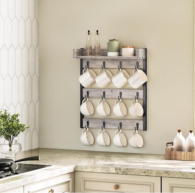 Coffee Mug Holder Stand, 3 Tier Mug Tree Rack, Hanging 12 Cups, with Top Shelf, for Kitchen, Dining Room, Living Room, Cafe, Greige and Black MH42BG-NeatNest