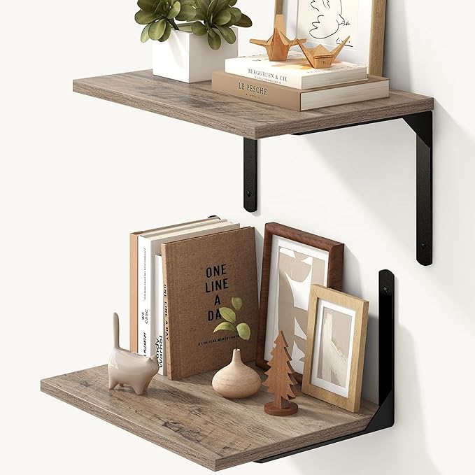 Fun Memories Floating Shelves for Wall, 12 Inch Deep Floating Shelves Set of 2, Wall Mounted Shelf with Metal Brackets, Rustic Wood Wide Shelf for Bathroom, Kitchen and Living Room, Grey, 16W x 12D-NeatNest