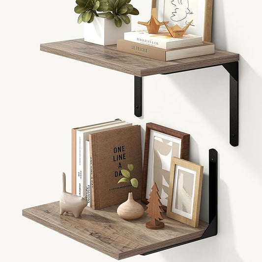 Fun Memories Floating Shelves for Wall, 12 Inch Deep Floating Shelves Set of 2, Wall Mounted Shelf with Metal Brackets, Rustic Wood Wide Shelf for Bathroom, Kitchen and Living Room, Grey, 16W x 12D-NeatNest
