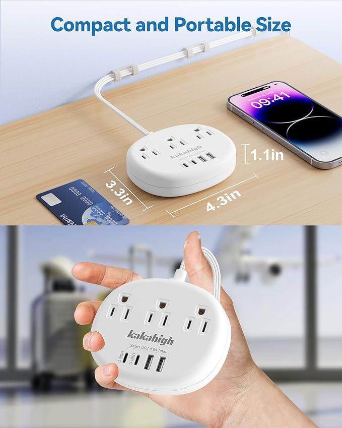 Flat Extension Cord with Outlet Cover & Cable Clips- 5 FT, 1625W Child Proof Extension Cord with 3 AC Outlet 4 USB (24W/4.8A), Flat 90 Degree Power Strip for Behind Furniture Couch Sofa TV, etc