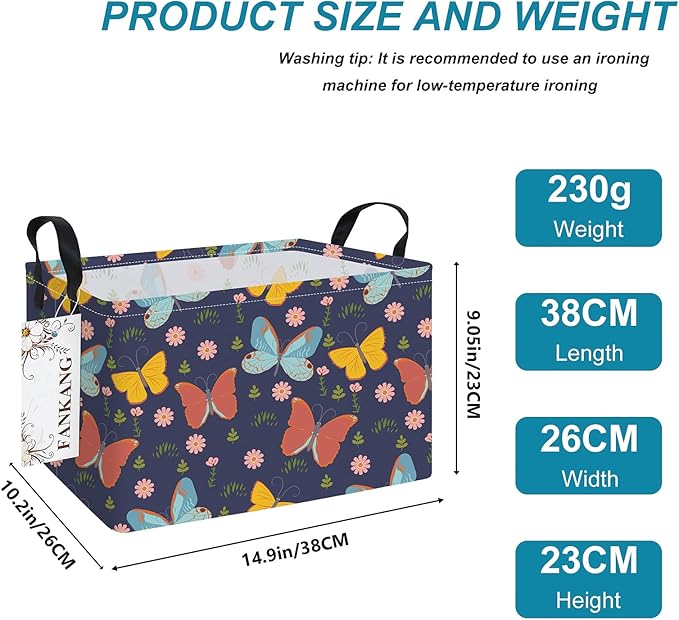FANKANG Storage Bins, Nursery Hamper Canvas Laundry Basket Foldable with Waterproof PE Coating Large Storage Baskets for Kids Boys and Girls, Office, Bedroom, Clothes,Toys(Rec-Colorful Butterfly ）
