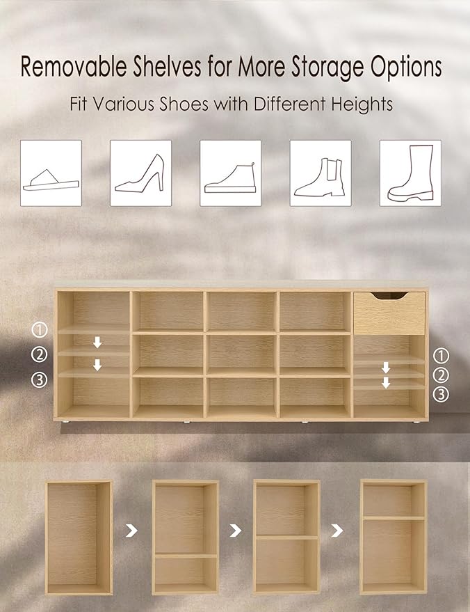 DINZI LVJ Shoe Bench, Entryway Storage Bench with Drawer and 14 Cubbies, Long Cubby Shoe Rack with Adjustable Shelves, Shoe Organizer for Living Room, Bedroom, Mudroom, Garage,Natural-NeatNest