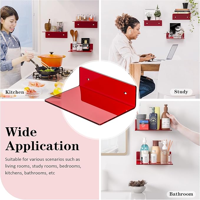 9 Inch Red Acrylic Small Wall Shelf, Home Wall Display Ledges for Storage, Room Décor, Space Saving, Items Organizer, 2 Pack-NeatNest