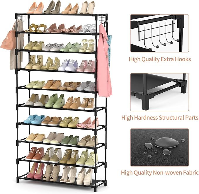10 Tiers Shoe Rack 50 Pairs Large Capacity Tall Shoe Organizer Sturdy Shoe Storage with Two Hooks Space Saving Metal Wide Shoe Rack for Closet, Entryway, Bedroom, Black-NeatNest
