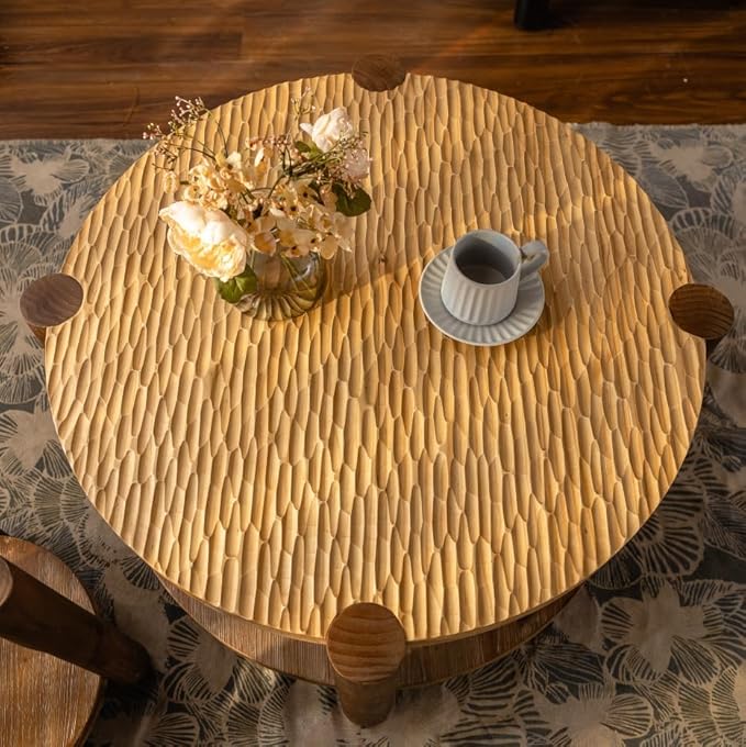 kevinplus 34.65'' Round Coffee Table 2-Tier for Living Room, Modern Mid-Century Circle Carved Handcrafted Solid Wood Coffee Table, Easy Assembly, Natural