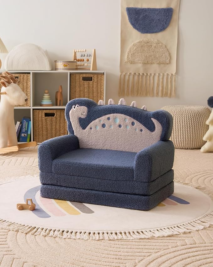 Blissful Diary Kids Couch, 2-in-1 Soft Toddler Couch Fold Out, Toddler Chair Comfy, Convertible Sofa to Lounger, Kids Furniture for Playroom, Gift for Birthday, Children's Day, Blue Dinosaur-NeatNest