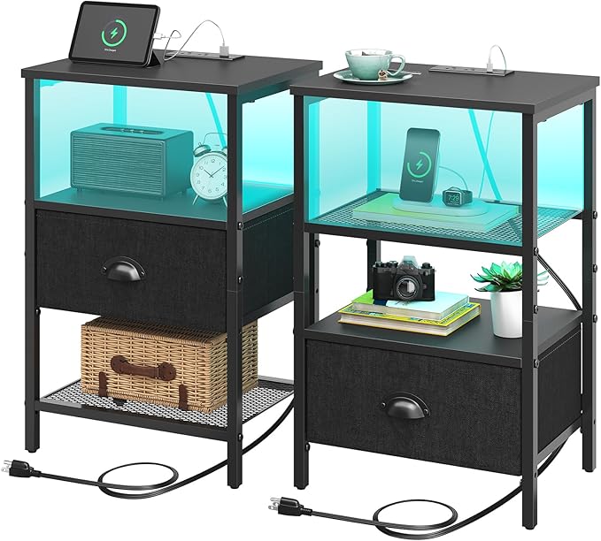 Sthmec Nightstands Set of 2, LED Bedside Tables with Charging Station and Fabric Drawer, Night Stand with Storage, 3 Tier Side Table with Open Shelf, LED Nightstand with Charging Station, Black