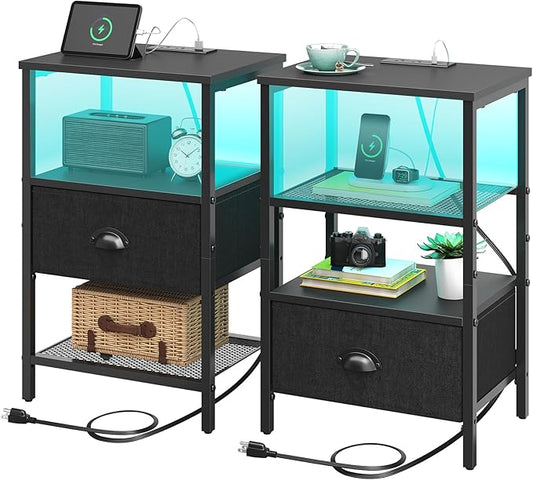 Sthmec Nightstands Set of 2, LED Bedside Tables with Charging Station and Fabric Drawer, Night Stand with Storage, 3 Tier Side Table with Open Shelf, LED Nightstand with Charging Station, Black
