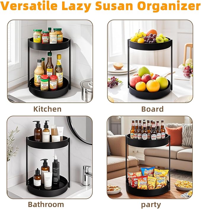 2 Tier Metal Lazy Susan Organizer, 12 Inch Rotating Turntable Double Lazy Susans for Cabinet Kitchen Bathroom, Anti-Rust Two Tiered Spinner Tray Carousel Organizer for Spice Rack Countertop Black-NeatNest