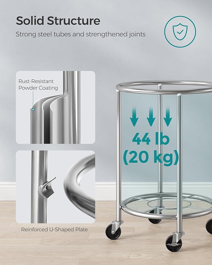 SONGMICS Laundry Basket with Casters, Rolling Laundry Hamper, 29 Gal., Round Laundry Cart with Steel Frame and Removable Bag, 4 Casters and 2 Brakes, Charcoal Blue and Metallic Silver URLS002Q01