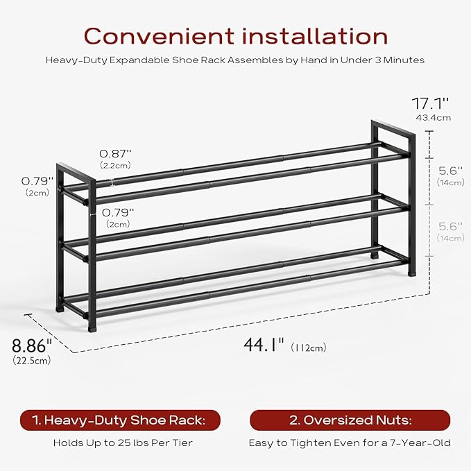 Bumusty 3-Tier Long Expandable Shoe Rack for Closet, 18"-44" Adjustable Shoe Rack for Entryway, 15-18 Pairs Large Shoe Organizer Shelf Storage, Sturdy Metal, Black-NeatNest