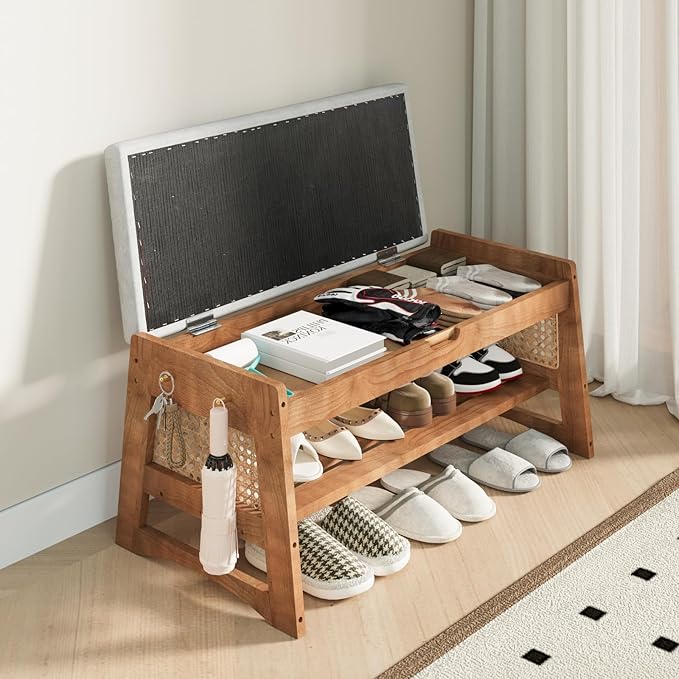 Shoe Rack Bench, 35.4" Solid Wood Entryway Bench with Flip-Top Storage, Cushion, Side Hooks, Shoe Organizer for Front Door Entrance, Hallway, Foyer, Closet, Living Room, Bedroom