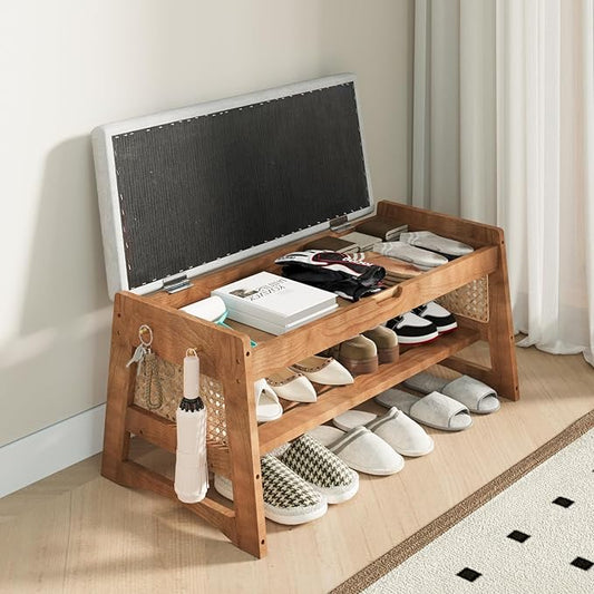 Shoe Rack Bench, 35.4" Solid Wood Entryway Bench with Flip-Top Storage, Cushion, Side Hooks, Shoe Organizer for Front Door Entrance, Hallway, Foyer, Closet, Living Room, Bedroom