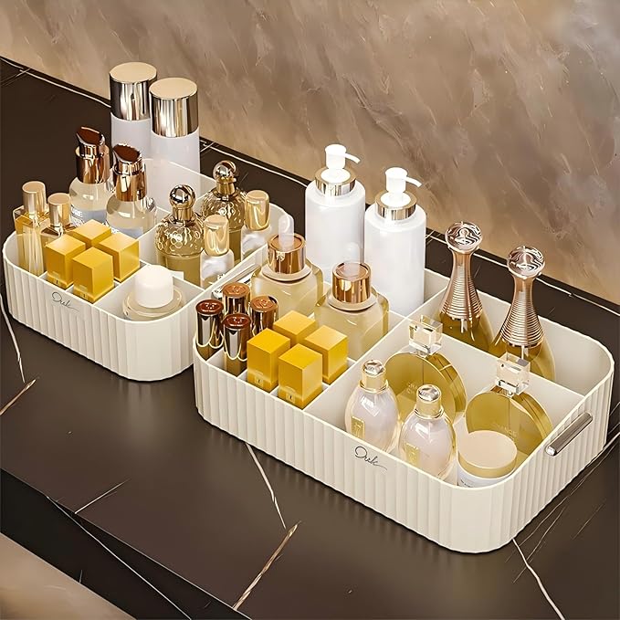 DASITON Large Capacity Makeup Organizer,12 Slots Makeup Brush Holder,Makeup Storage with Handle,Vintage Striped Cosmetic Organizer for Bathroom Countertops,Desk Storage Container(Cream)-NeatNest