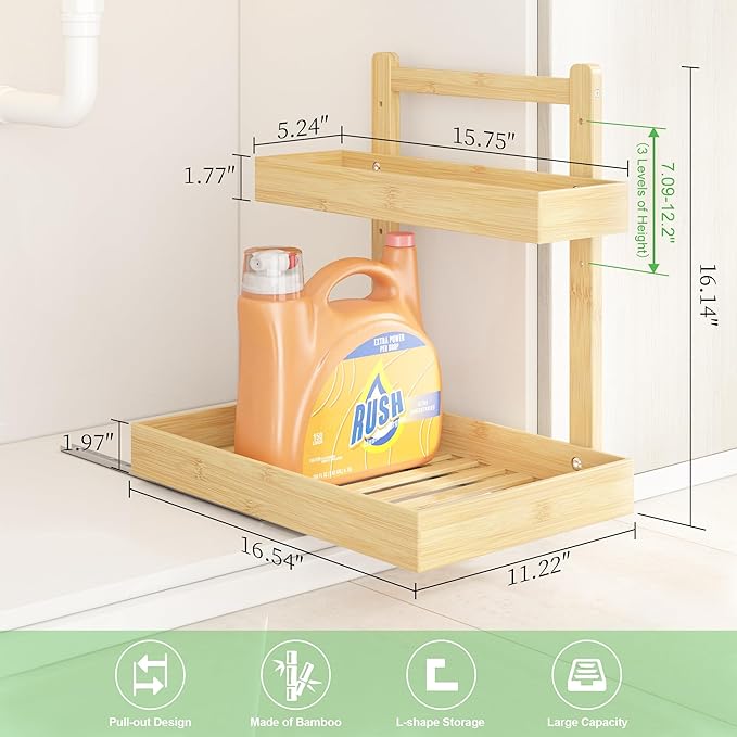 Under Sink Organizer - 2-Tier Pull Out Cabinet Organizer Vertical Slide Out Sink Shelf Storage Shelves for Multi-Purpose Bath Kitchen Bathroom Medicine (Nature, 2 Packs)-NeatNest
