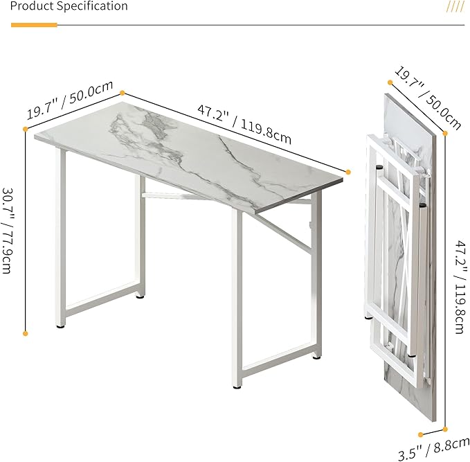 47 inch Folding Desk No Assembly Required, Writing Gaming Computer Camping Table, Home Office Desk, White Marble-NeatNest