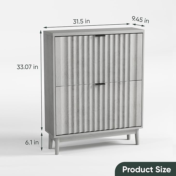 Fluted Shoe Cabinet for Entryway with 2 Flip Drawers, Narrow Wood Shoe Storage Cabinet, Freestanding Hidden Shoe Organizer for Foyer, Hallway, Grey