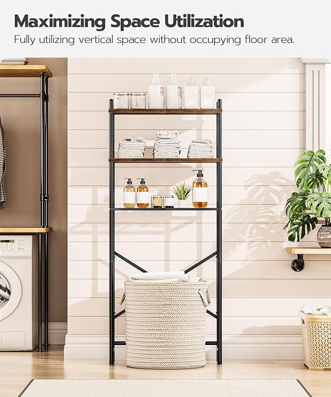 HOOBRO Over The Toilet Storage, 3-Tier Over Toilet Bathroom Organizer, Freestanding Above Toilet Shelf with Adjustable Feet, Space Saving, Easy Assembly, Rustic Brown and Black BF63TS01