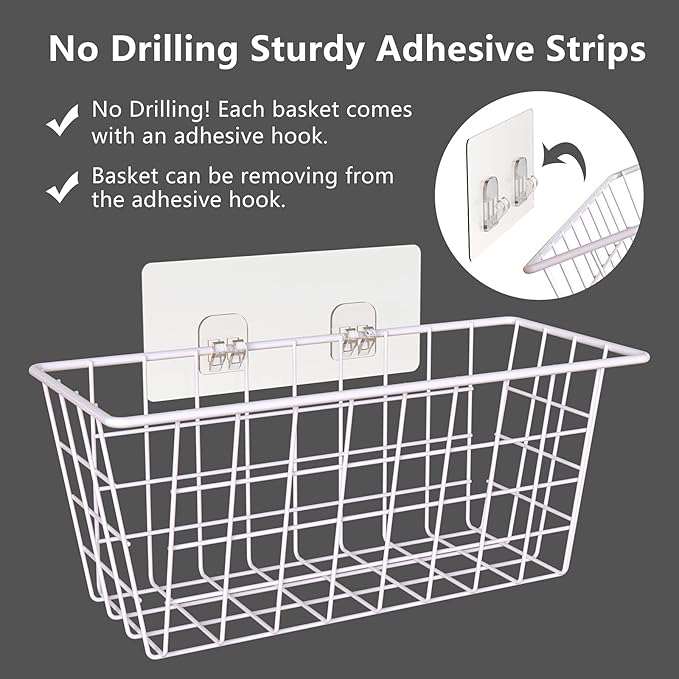 MaraFansie Wall Wire Baskets Bin No Drilling Adhesive Hanging Baskets Wall Mounted for Cabinet & Pantry Organization and Kitchen, Bathroom, Bedroom Storage, 2 Pack, White-NeatNest
