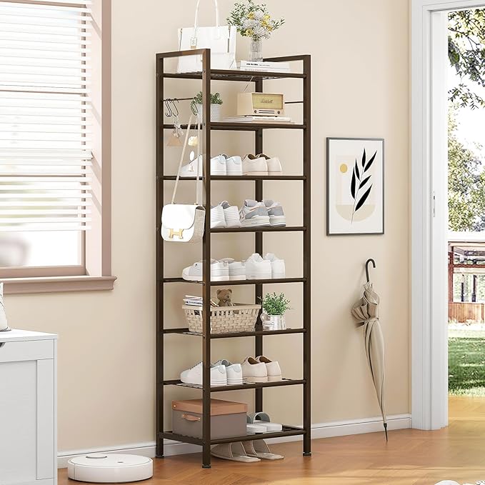 usikey 8 Tiers Narrow Shoe Rack 16-24 Pairs, Sturdy Metal Tall Shoe Rack with 4 Hooks, Slim Shoe Storage Organizer with Metal Shelf, Space Saving Vertical Shoe Shelf for Entryway, Closets, Bronze-NeatNest