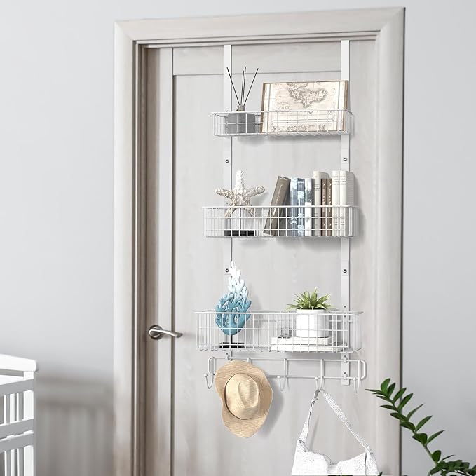 CADUKE Over The Door Organizer Hanger with Basket Hanger Door Towel Rack with 5 Hooks Back of Door Storage Organizer Behind Door Hooks Hanger Shelf for Bathroom, Kitchen, Office, White-NeatNest