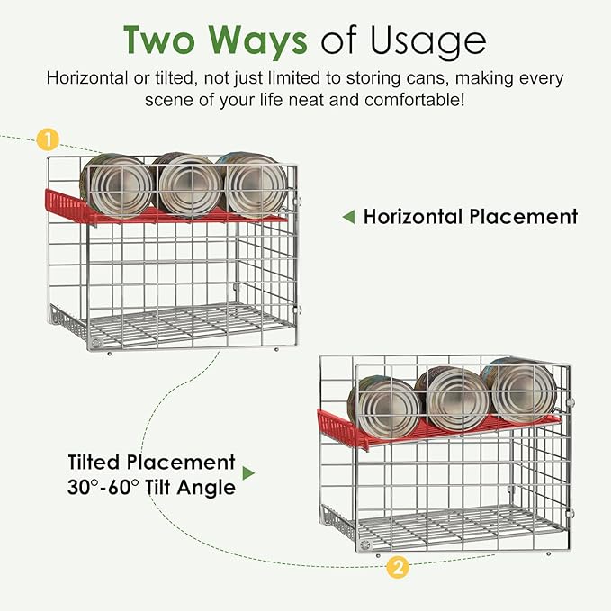 JKsmart 2-Tier Stackable Can Rack Organizer for Pantry, Adjustable Can Dispenser Holds Up to 62 Cans, Can Storage Holder for Various Ounces of Canned Food Soda Drinks, Silver, 2 Pack (Petent Pending)-NeatNest