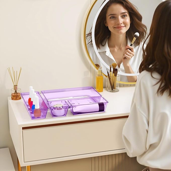 32 PCS Clear Plastic Drawer Organizer Set, 4-Size vanity organizer Trays and Storage Bins for Makeup, Jewelry and Gadgets in Bedroom, Bathroom and Office, Clear Purple-NeatNest