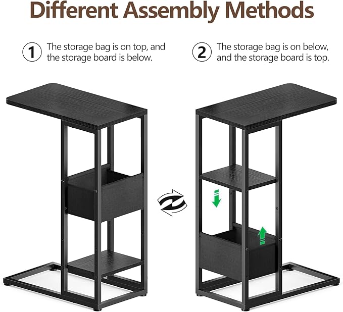 C Shaped End Table, Small Side Table for Couch, Recliner, Slide Under Sofa Tray Desk Snack Tables with Storage Bag for Living Room,Bedroom, Small Spaces - Black