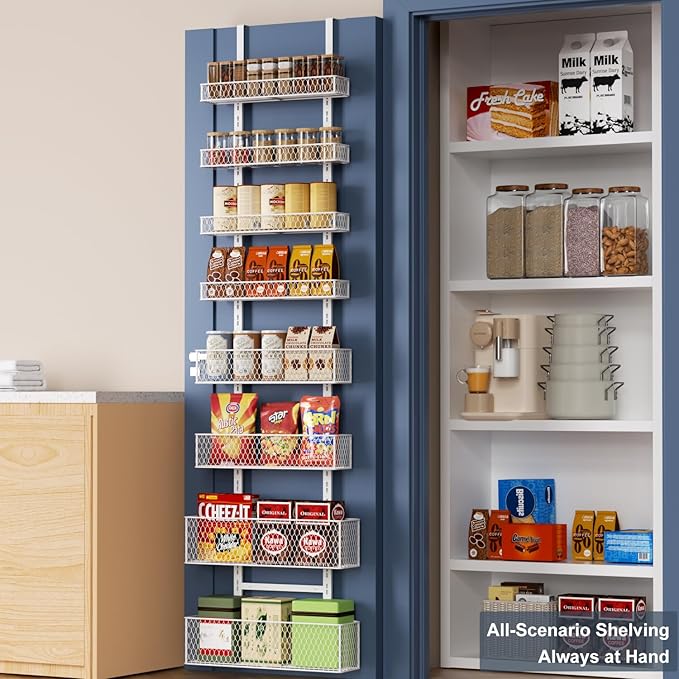 8-Tier Over The Door Pantry Organizer,Hanging Spice Rack with Adjustable Basket,Over Door Racks,Pantry Organization And Storage, Laundry Room,Bathroom,Large Capacity,D5.3xW15.7xH74.8 in