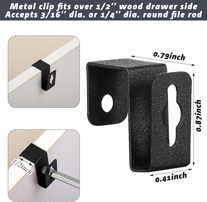 Hicarer 8 Pcs Metal Hanging File Bracket Clips Storage Hanging Rail Clips Metal Divider Fits 1/2" Drawer Side for File Storage