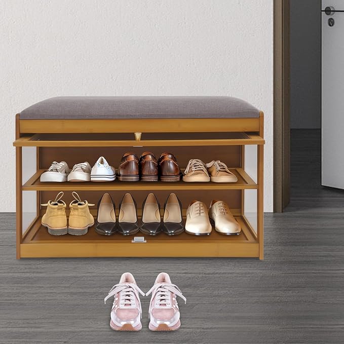 Eapmic Shoe Storage Bench, Entryway Shoe Rack Bench with Padded Seat Cushion, 2-Tier Shoe Cabinet, Bamboo Shoe Organizer for Hallway Bedroom Living Room Front Door (Brown, 27.56 * 12.6 * 16.53in)