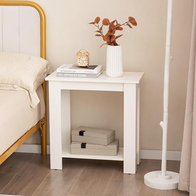 GOFLAME 24” Side Table Set of 2, 2-Tier Rectangular End Table with Storage Shelf, Multipurpose Night Stand for Bedroom, Living Room, White