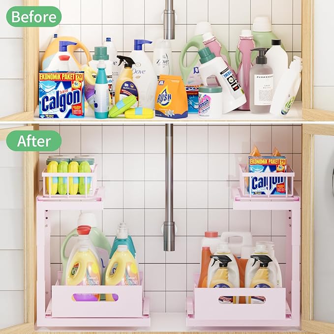 Under Sink Organizer Storage: Adjustable Height, 2 Tier L-Shaped Pull-Out Metal Shelf with Non-Slip Pads & Rust-Resistant Design Maximize Kitchen & Bathroom Cabinet Space-NeatNest