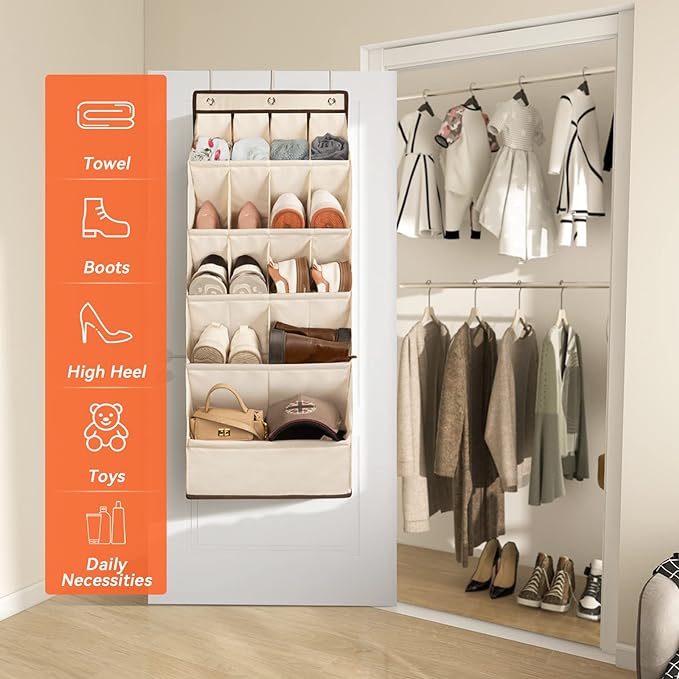 FENTEC 1 Pack Over the Door Shoe Organizers, Hanging Shoe Organizer with Large Deep Pocket Shoe Holder for Closet Shoe Rack for Wall, Over Door Shoe Storage Hold up to 18 Pairs Shoe, Beige-NeatNest