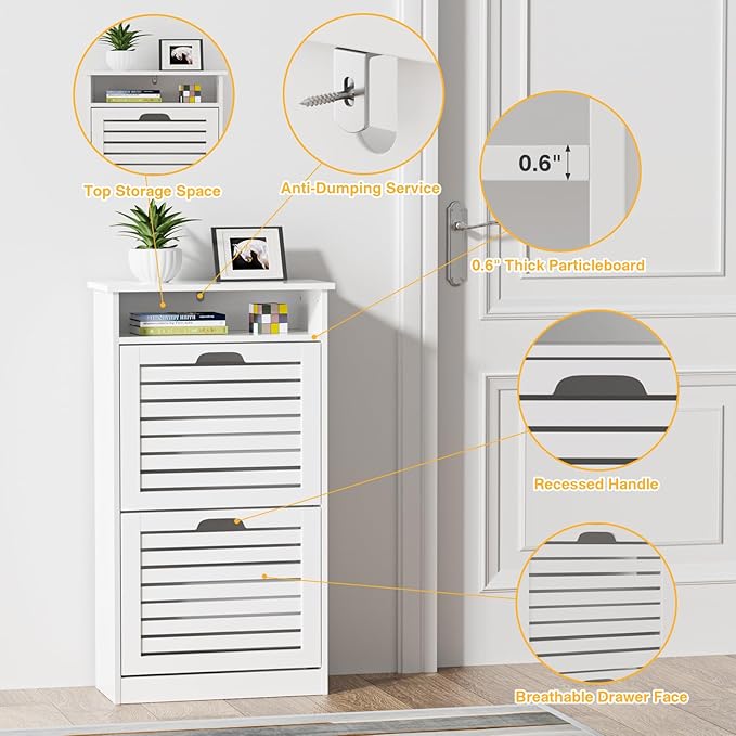 Shoe Storage Cabinet with 2 Flip Drawers & Top Cubby, Shoe Cabinet for Entryway Slim, Free Standing Shoe Rack Cabinet, Narrow Shoe Organizer for Entryway, Hallway, White-NeatNest
