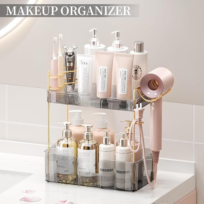 2 Tier Bathroom Organizer Countertop Makeup Perfume Tray Skincare Organizer Comes with Hair Dryer Rack and Toothbrush Holder for Bathroom Dresser Vanity (Grey)-NeatNest
