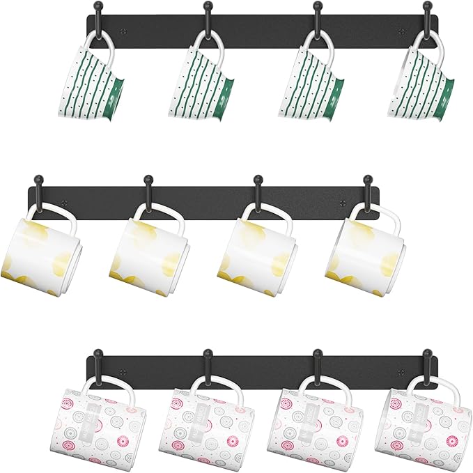 EsLuker.ly Mug Holder Rack Coffee Cup Hanger Wall Mount, Metal Wall Cup Shelf Organizer Stand with 12 Hooks, Fits Most Mugs Display for Home Kitchen, Easy to Install, Set of 3, Black-NeatNest