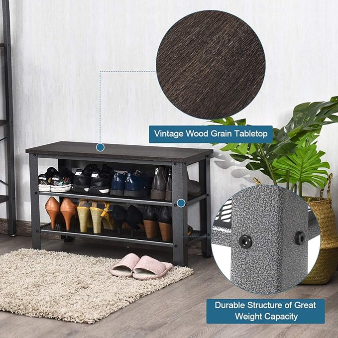 Giantex 3-Tier Shoe Bench, Industrial Shoe Rack with 2 Mesh Storage Shelves for Entryway, Hallway, Bathroom or Living Room, Shoe Organizer (Gray)
