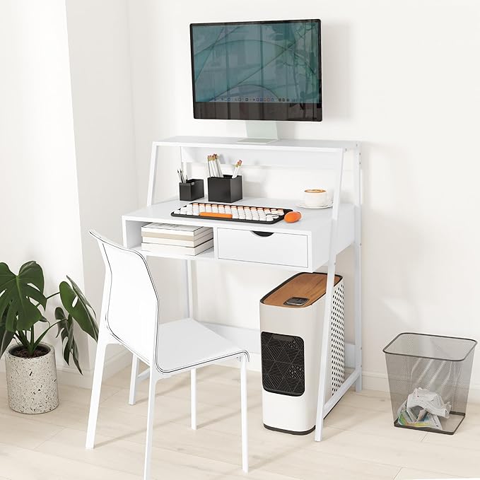 HOMCOM Home Office Desk, Computer Desk with A Frame for Small Spaces, Writing Table with Drawer and Storage Shelves, White-NeatNest