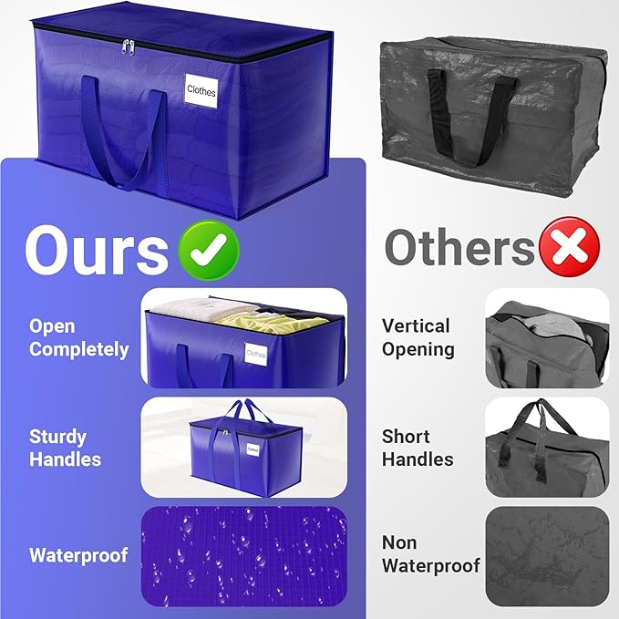 10Pack Moving Storage Bags, Moving Supplies Packing Boxes for Moving, Camping, College Dorm Room Essentials for Girls, Blue Tote Bags, 76L Heavy-Duty Storage Bins With Lids And Zippers