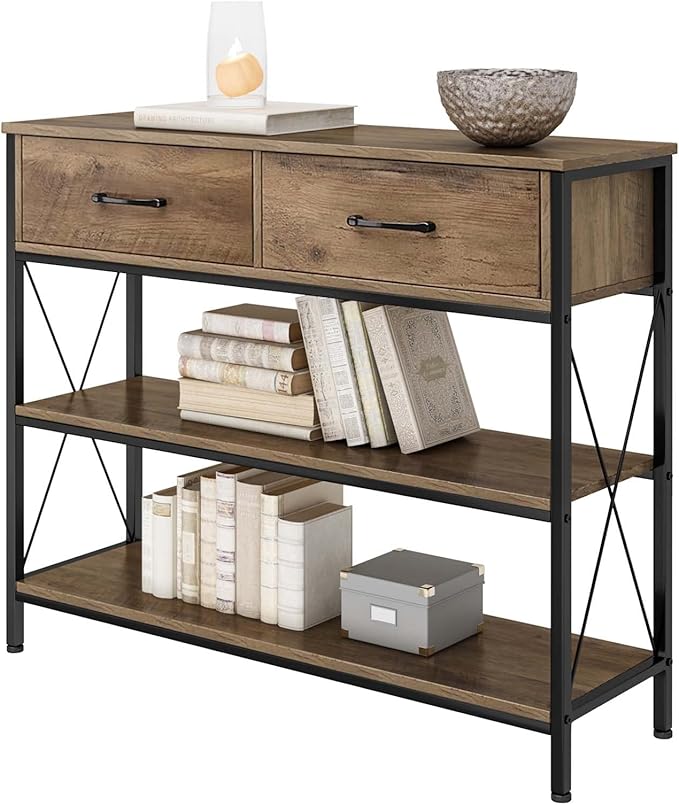 HITHOS Industrial Console Table with Drawers, Vintage Hallway Foyer Table with Storage Shelves, Narrow Long Sofa Entryway Table for Living Room, Rustic Brown-NeatNest
