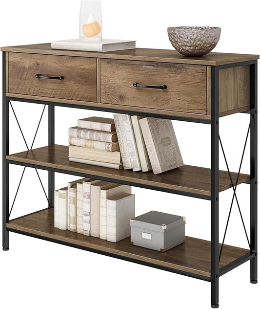 HITHOS Industrial Console Table with Drawers, Vintage Hallway Foyer Table with Storage Shelves, Narrow Long Sofa Entryway Table for Living Room, Rustic Brown-NeatNest