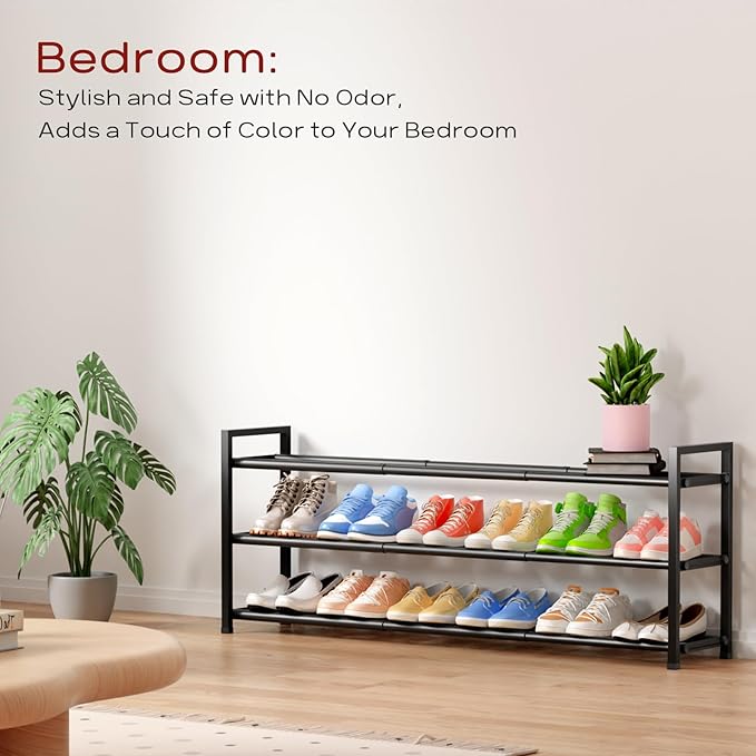 Bumusty 3-Tier Long Expandable Shoe Rack for Closet, 18"-44" Adjustable Shoe Rack for Entryway, 15-18 Pairs Large Shoe Organizer Shelf Storage, Sturdy Metal, Black-NeatNest