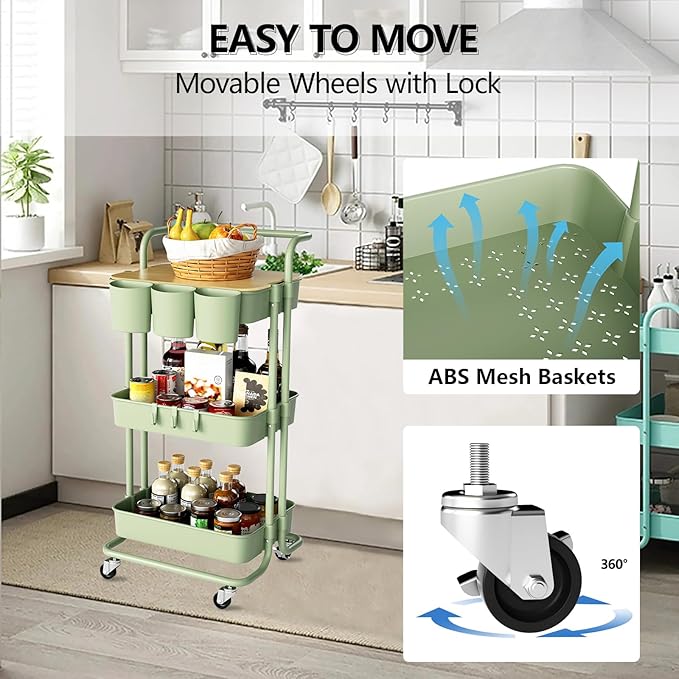 3 Tier Rolling Cart with Metal Handle, Table Top, Hanging Cups, Hooks, Plastic Storage Baskets& Wheels Lockable, Utility Cart for Bathroom Classroom Office Kitchen Pantry Organizers and Storage, Green-NeatNest