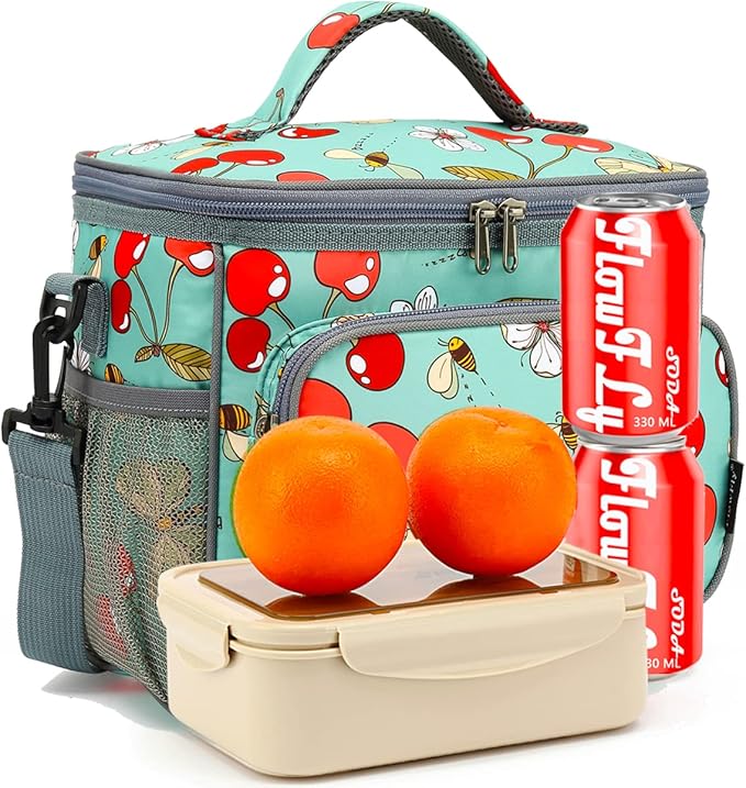 FlowFly Insulated Reusable Lunch Bag Adult Large Lunch Box for Women and Men with Adjustable Shoulder Strap,Front Zipper Pocket and Dual Large Mesh Side Pockets,Cherry-NeatNest
